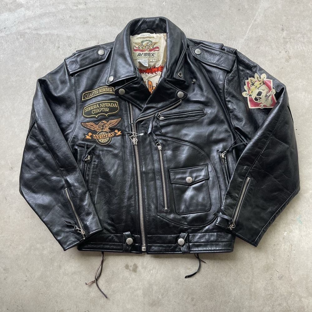 Vintage 90s Avirex Leather Jacket Biker D Pocket Desert Rally Black Jacks Size M